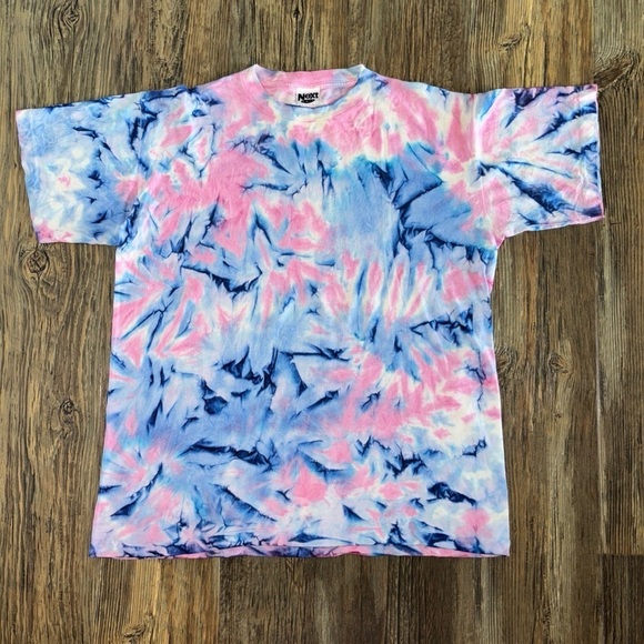 Next Exit Tops - Vtg Next Exit Tie Dye S/S Tee Shirt One Size Single Stitch White Pink Blue 90s